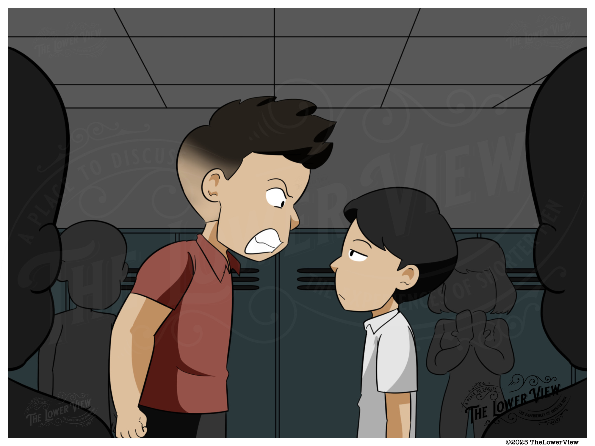 Short man being confident and standing up for himself to a bully